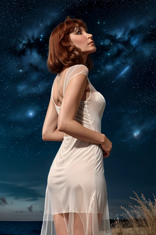 Beverly crusher (age 25, airy sheer white elegant gown), camera low looking up at her butt and a starry sky, a few tiny space ships fly across the sky, lush ocean world
