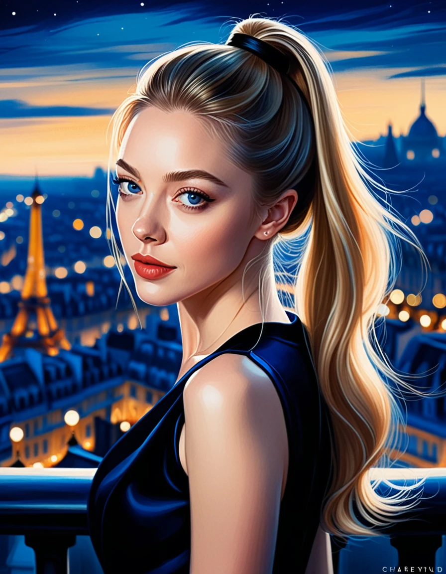 Amanda Seyfried woman with long blond bun hair, in style of charlie bowater, dark blue and dark black,realistic color palette, Soft focused realism,blond bun hair, pelo largo, paris in the background, 夜晚