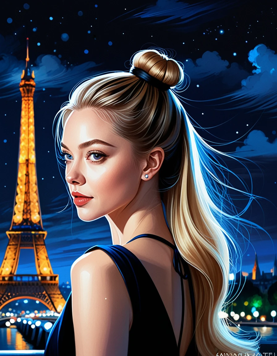 Amanda Seyfried woman with long blond bun hair, in style of charlie bowater, dark blue and dark black,realistic color palette, Soft focused realism,blond bun hair, pelo largo, paris in the background, 夜晚