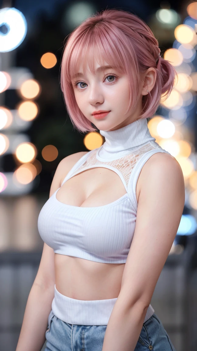 Gorgeus Girl, Beautiful, Baby Face, 20 Years Old, White Skin, Colossal Breasts, Side Pose, Cleavage, Outfit Straps, White Sleeveless Crop Turtleneck Top, Mini Shirt, Blue Eye, Muscles, Bokeh, Modern Place Background, Masterpiece, Medium Bob Pink Hair