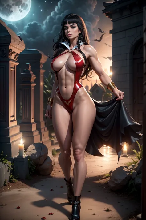 vampirella sexly usando um maiô v vermelho profundo, night at the cemetery, oily shiny skin, fit and athletic body, slutty, perf...