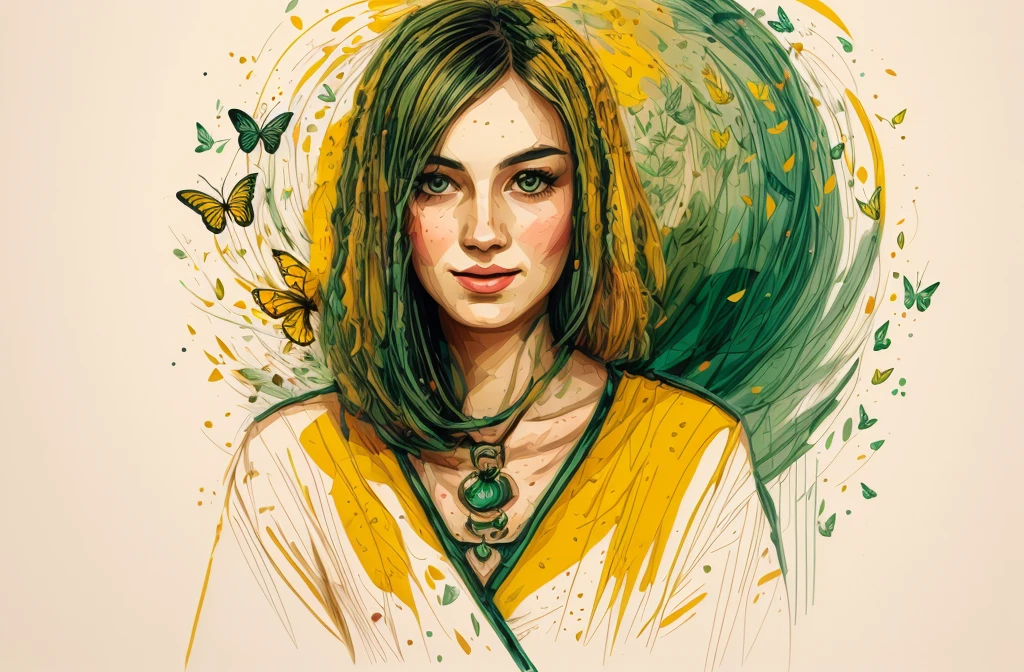 Whimsical portrait of a woman with butterflies and floral elements, featuring a soft color palette of greens and yellows, illustrated in a mixed-media style with abstract textures and patterns, conveying a sense of freedom and transformation.
