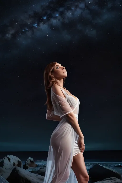 beverly crusher (age 25, airy sheer white elegant gown), camera low looking up at her butt and a starry sky, a few tiny space sh...