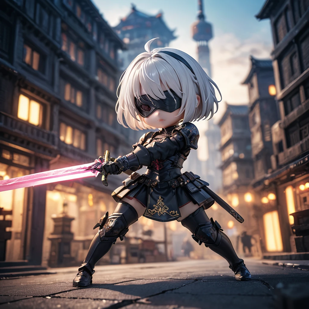 amazing quality, masterpiece, best quality, hyper detailed, ultra detailed, UHD, HDR, DOF, depth of field,
short hair, white hair, solo, wearing ornate armor, gold trim, fighting stance, , closed mouth, holding sword, glowing sword, cyberpunk city, old building,
Chibi Knight,holding samurai blade.
type2b, black_blindfold, black_hairband, 
action shot,fighting shot.
extremely detailed,