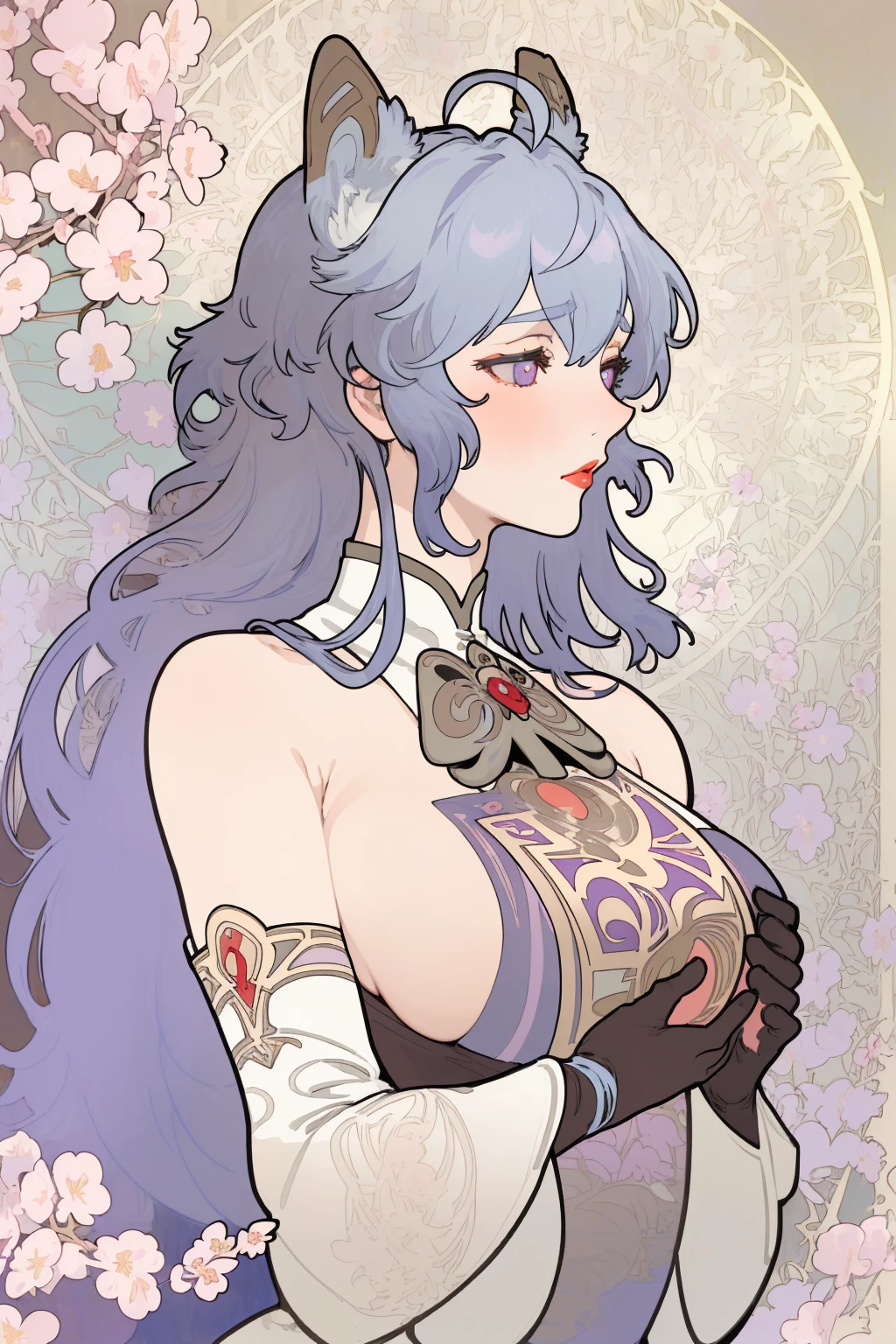 upper body, arms up, elbow squeeze, enormous breasts, (breasts squeezed together), , crop top, (underboob),, upper body, arms up, elbow squeeze, enormous breasts, (breasts squeezed together), White skin, (Fox ears), Exquisite eyes,Red Eyeshadow, Red lips,Fake laugh, Ukiyo-e, masterpiece, ((high quality)),  at the lowest limit, Tiny,White boots，Huge breasts, red nipples,，Bare shoulders，，Lace，Lace stockings，Lace skirt, Art Nouveau Style, poster in a theater, (((art by alphonse mucha))), upper body, blush, profile ,(masterpiece, finely detailed beautiful eyes: 1.2), 1girl, solo, beautiful, small details, ultra detailed, best quality, intricate, sharp, digital illustration, detailed, ((cherry blossoms)), ganyu \(genshin impact\), 1girl, ahoge, bangs, bare shoulders, bell, black gloves, ((light blue hair)), blush, breasts, chinese knot, detached sleeves, flower knot, gloves, long hair,  neck bell, night, outdoors, purple eyes, sidelocks, solo, tassel, white sleeves, ((masterpiece)), curly hair