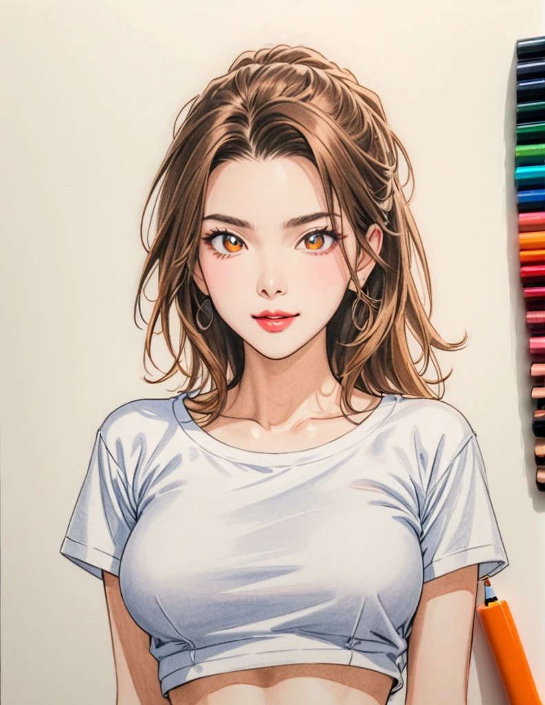  female，crop shirt，white，Art，ad，colour pencil drawing，draft drawing 