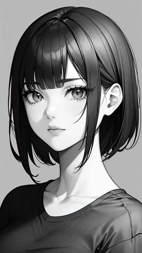 1girl, solo, sharp eyes, monochrome, greyscale, short black hair, portrait, t-shirt, closed mouth, looking at viewer, sketch, gr...