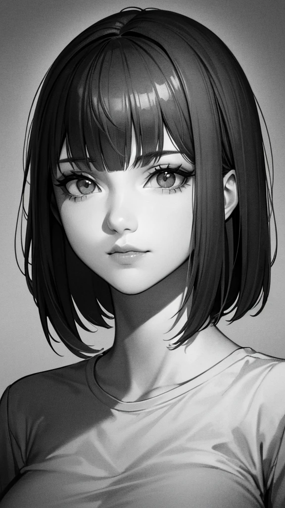 1girl, solo, sharp eyes, monochrome, greyscale, short black hair, portrait, T-shirt, closed mouth, looking at viewer, sketch, graphite \(medium\), detailed lips, hatching \(texture\), without makeup, bangs, upper body, (best illustration), (best quality), (very detailed), (masterpiece), 30 year girl, 