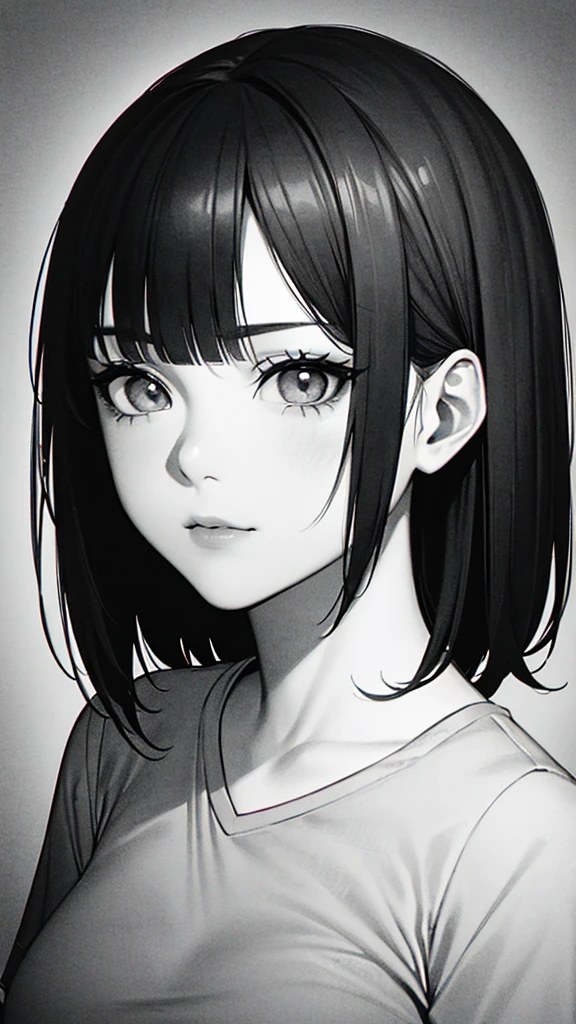 1girl, solo, sharp eyes, monochrome, greyscale, short black hair, portrait, T-shirt, closed mouth, looking at viewer, sketch, graphite \(medium\), detailed lips, hatching \(texture\), without makeup, bangs, upper body, (best illustration), (best quality), (very detailed), (masterpiece), 30 year girl, 