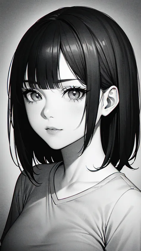 1girl, solo, sharp eyes, monochrome, greyscale, short black hair, portrait, t-shirt, closed mouth, looking at viewer, sketch, gr...