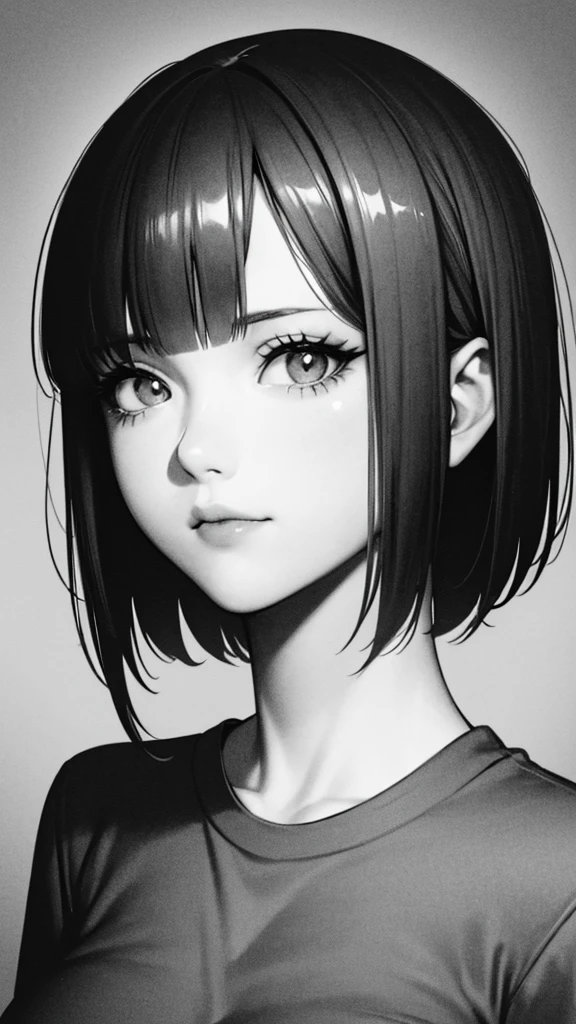 1girl, solo, sharp eyes, monochrome, greyscale, short black hair, portrait, T-shirt, closed mouth, looking at viewer, sketch, graphite \(medium\), detailed lips, hatching \(texture\), without makeup, bangs, upper body, (best illustration), (best quality), (very detailed), (masterpiece), 30 year girl, 