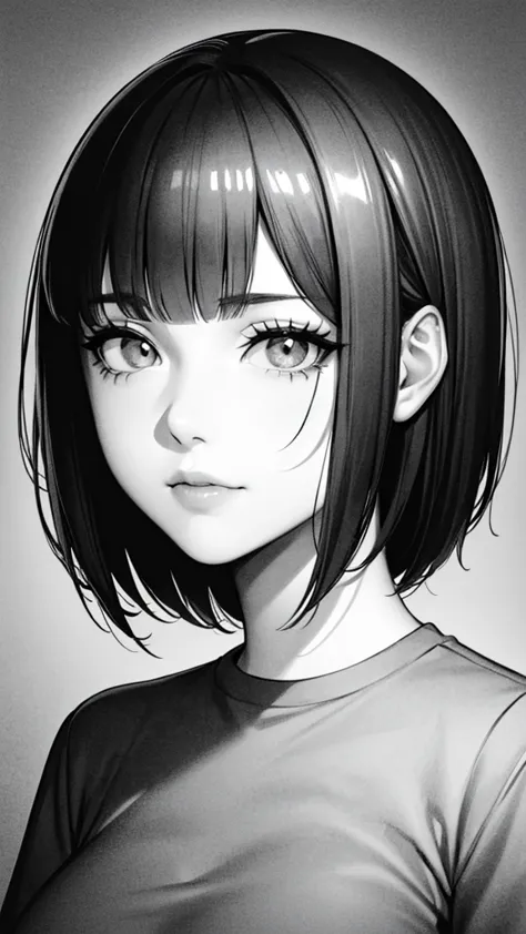 1girl, solo, sharp eyes, monochrome, greyscale, short black hair, portrait, t-shirt, closed mouth, looking at viewer, sketch, gr...