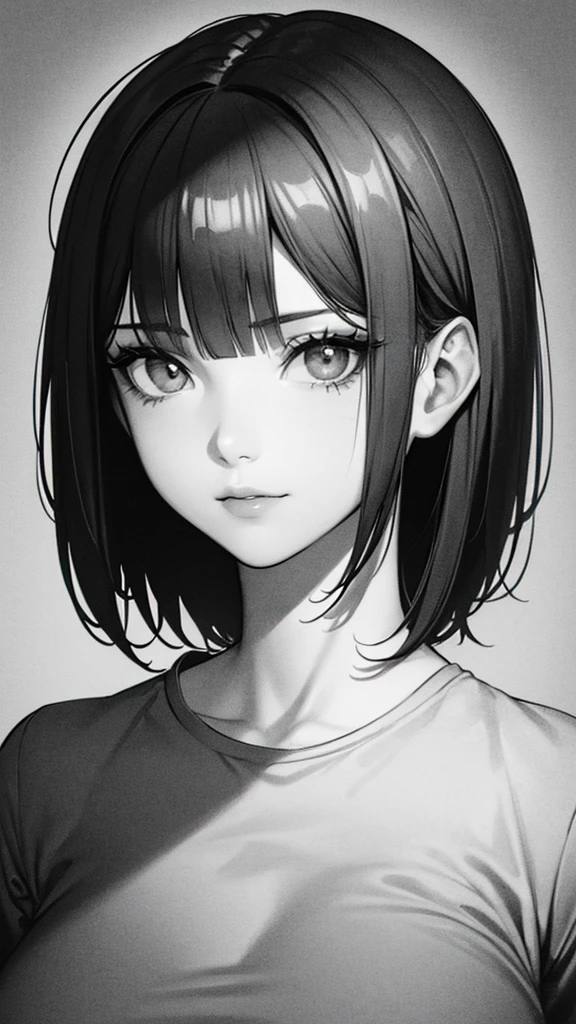 1girl, solo, sharp eyes, monochrome, greyscale, short black hair, portrait, T-shirt, closed mouth, looking at viewer, sketch, graphite \(medium\), detailed lips, hatching \(texture\), without makeup, bangs, upper body, (best illustration), (best quality), (very detailed), (masterpiece),