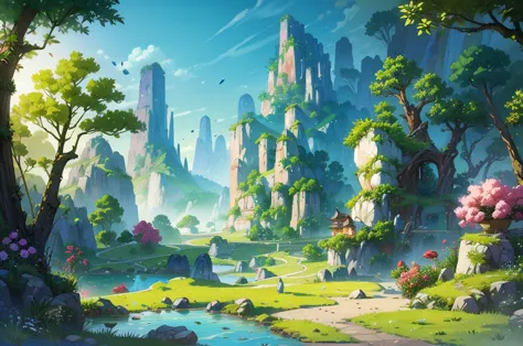 concept art、hand painted、landscape、landscape、outdoor、architecture、东亚architecture、nature、glass mountain、forest、plant、leaf、masterp...