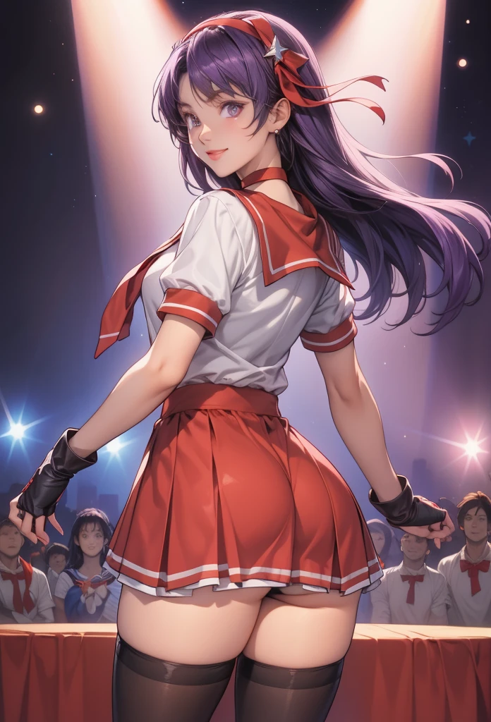 perfect eyes:1.2, detailed eyes:1.4, athena asamiya, long hair, happy, smile, hair ornament, (purple eyes:1.1), purple hair, hairband, star \(symbol\), star hair ornament, red hairband, red choker, serafuku, pearl (gemstone), short sleeves, red skirt, fingerless gloves, black thighhighs, cowboy shot, 1girl, solo, (masterpiece:1.6, best quality), 8k, insane details, intricate details, hyperdetailed, hyper quality, high detail, ultra detailed, professional, HDR, ray tracing reflection, cinematic lighting,