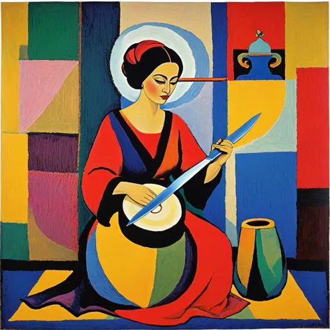 abstract painting in the knitting style, ‘woman with knife and drum’, michael aloysius of saria, george kurasov, bernard akkama,...