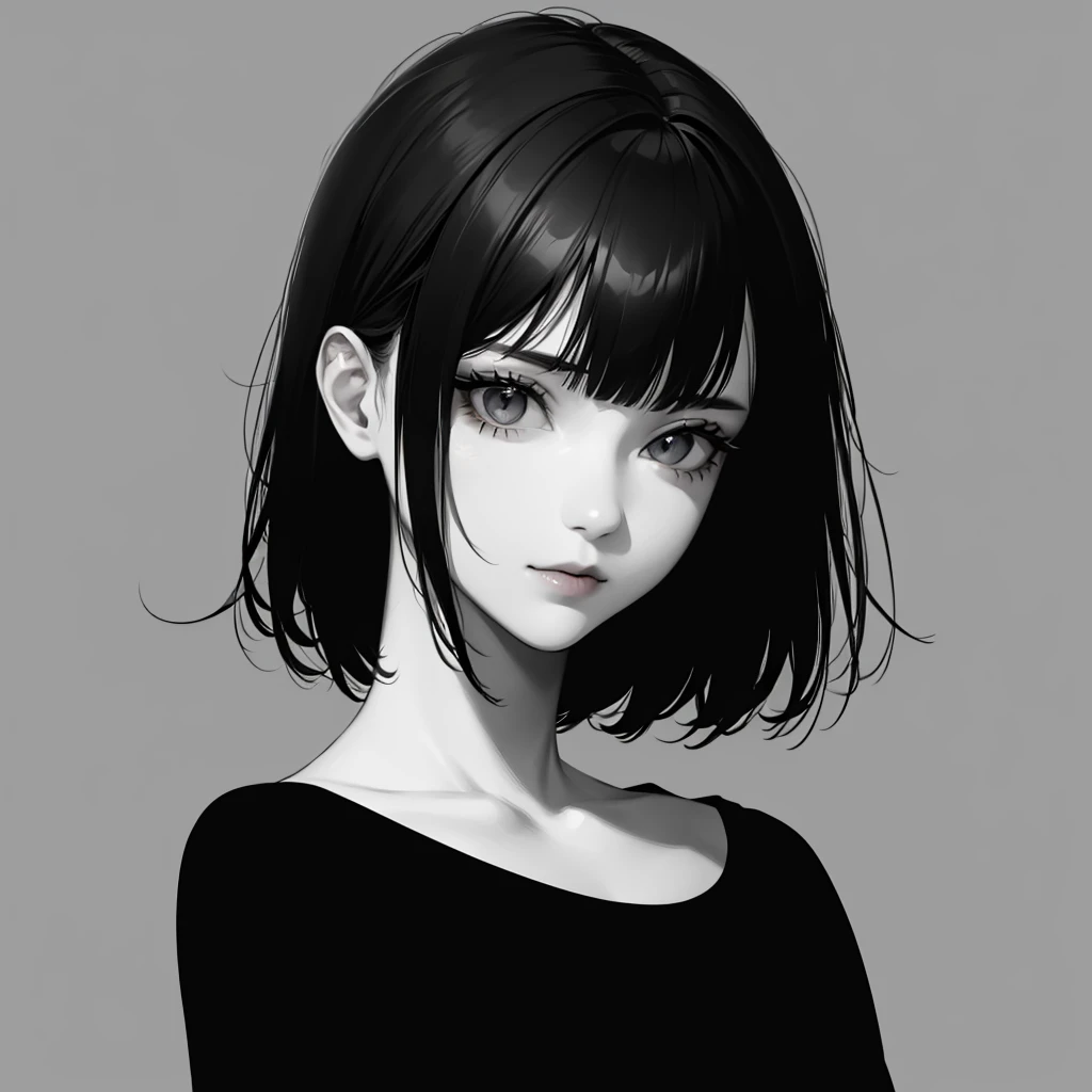 1girl, solo, sharp eyes, monochrome, greyscale, short black hair, portrait, T-shirt, closed mouth, looking at viewer, sketch, graphite \(medium\), detailed lips, hatching \(texture\), without makeup, bangs, upper body, (best illustration), (best quality), (very detailed), (masterpiece),