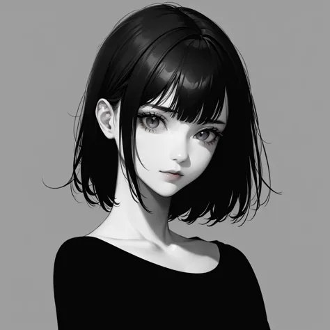 1girl, solo, sharp eyes, monochrome, greyscale, short black hair, portrait, t-shirt, closed mouth, looking at viewer, sketch, gr...