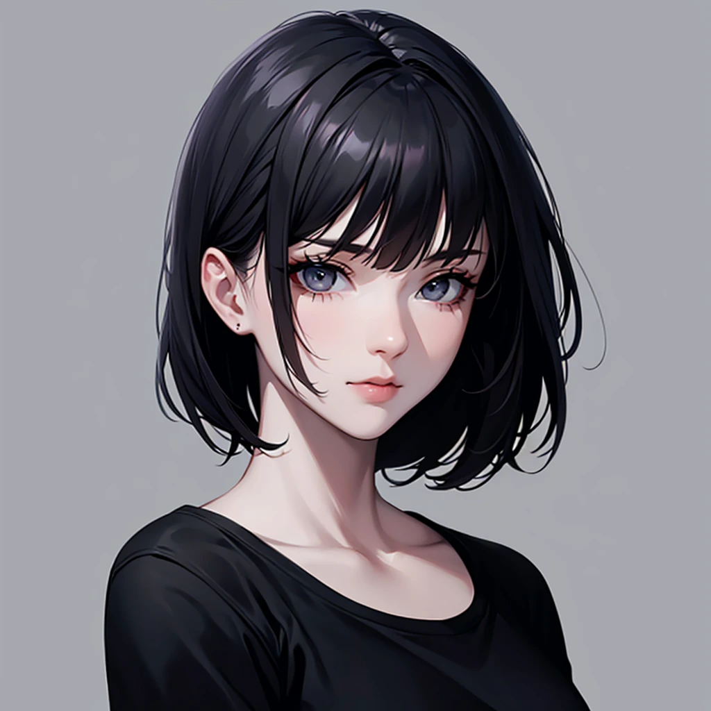 1girl, solo, sharp eyes, monochrome, greyscale, short black hair, portrait, T-shirt, closed mouth, looking at viewer, sketch, graphite \(medium\), detailed lips, hatching \(texture\), without makeup, bangs, upper body, (best illustration), (best quality), (very detailed), (masterpiece),