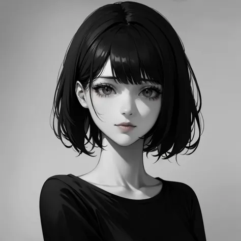 1girl, solo, sharp eyes, monochrome, greyscale, short black hair, portrait, t-shirt, closed mouth, looking at viewer, sketch, gr...