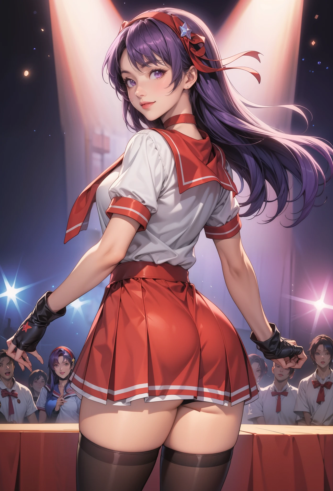 perfect eyes:1.2, detailed eyes:1.4, athena asamiya, long hair, happy, smile, hair ornament, (purple eyes:1.1), purple hair, hairband, star \(symbol\), star hair ornament, red hairband, red choker, serafuku, pearl (gemstone), short sleeves, red skirt, fingerless gloves, black thighhighs, cowboy shot, 1girl, solo, (masterpiece:1.6, best quality), 8k, insane details, intricate details, hyperdetailed, hyper quality, high detail, ultra detailed, professional, HDR, ray tracing reflection, cinematic lighting,