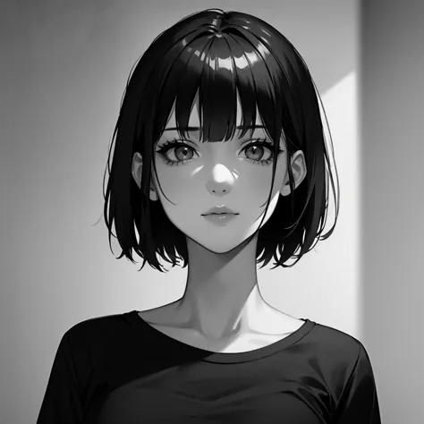 1girl, solo, sharp eyes, monochrome, greyscale, short black hair, portrait, t-shirt, closed mouth, looking at viewer, sketch, gr...