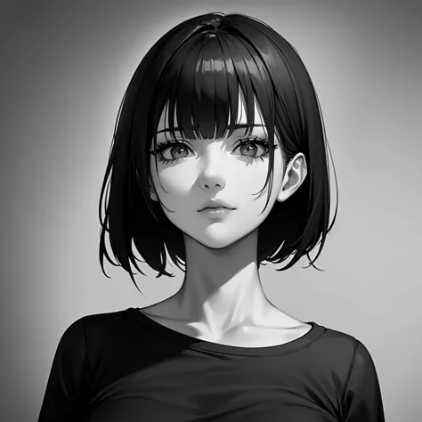 1girl, solo, sharp eyes, monochrome, greyscale, short black hair, portrait, t-shirt, closed mouth, looking at viewer, sketch, gr...