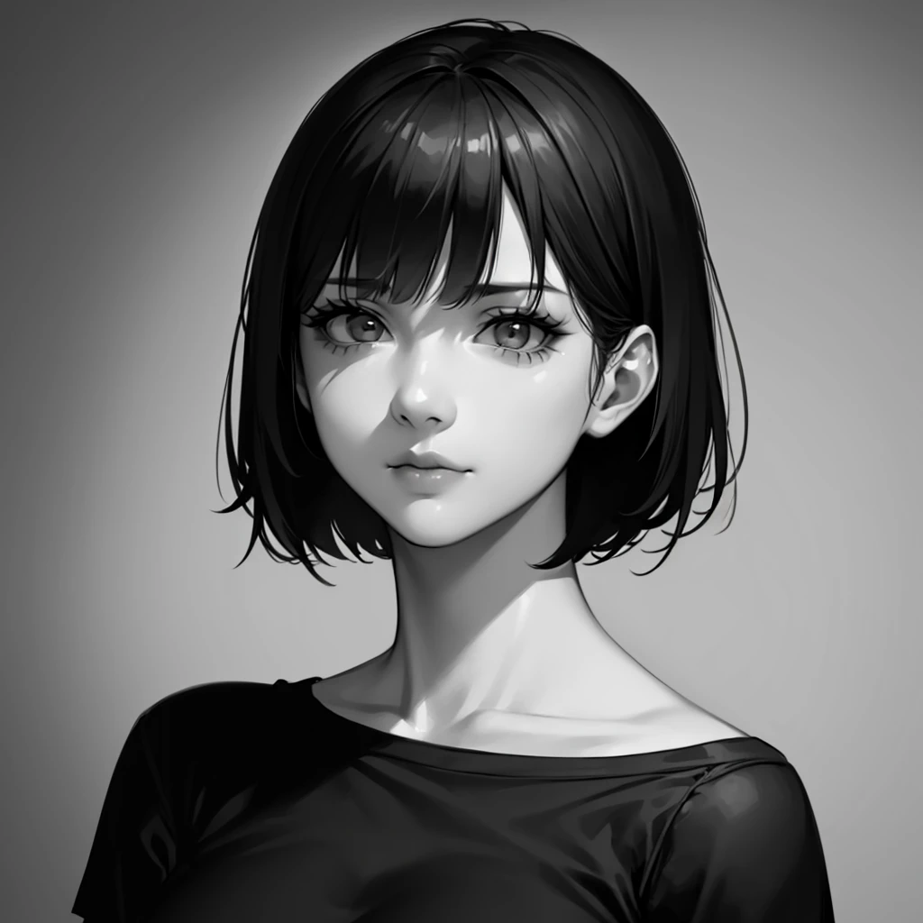 1girl, solo, sharp eyes, monochrome, greyscale, short black hair, portrait, T-shirt, closed mouth, looking at viewer, sketch, graphite \(medium\), detailed lips, hatching \(texture\), without makeup, bangs, upper body, (best illustration), (best quality), (very detailed), (masterpiece),