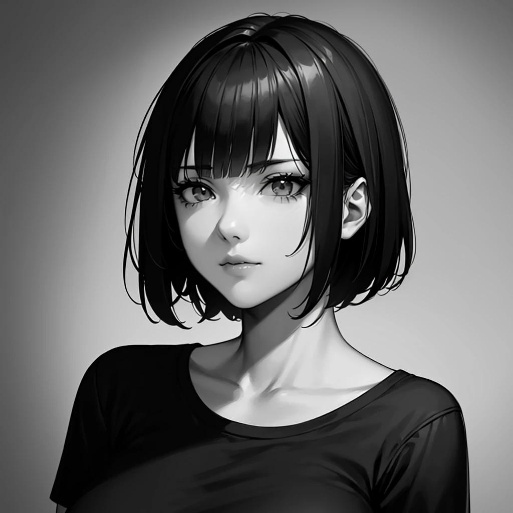 1girl, solo, sharp eyes, monochrome, greyscale, short black hair, portrait, T-shirt, closed mouth, looking at viewer, sketch, graphite \(medium\), detailed lips, hatching \(texture\), without makeup, bangs, upper body, (best illustration), (best quality), (very detailed), (masterpiece),