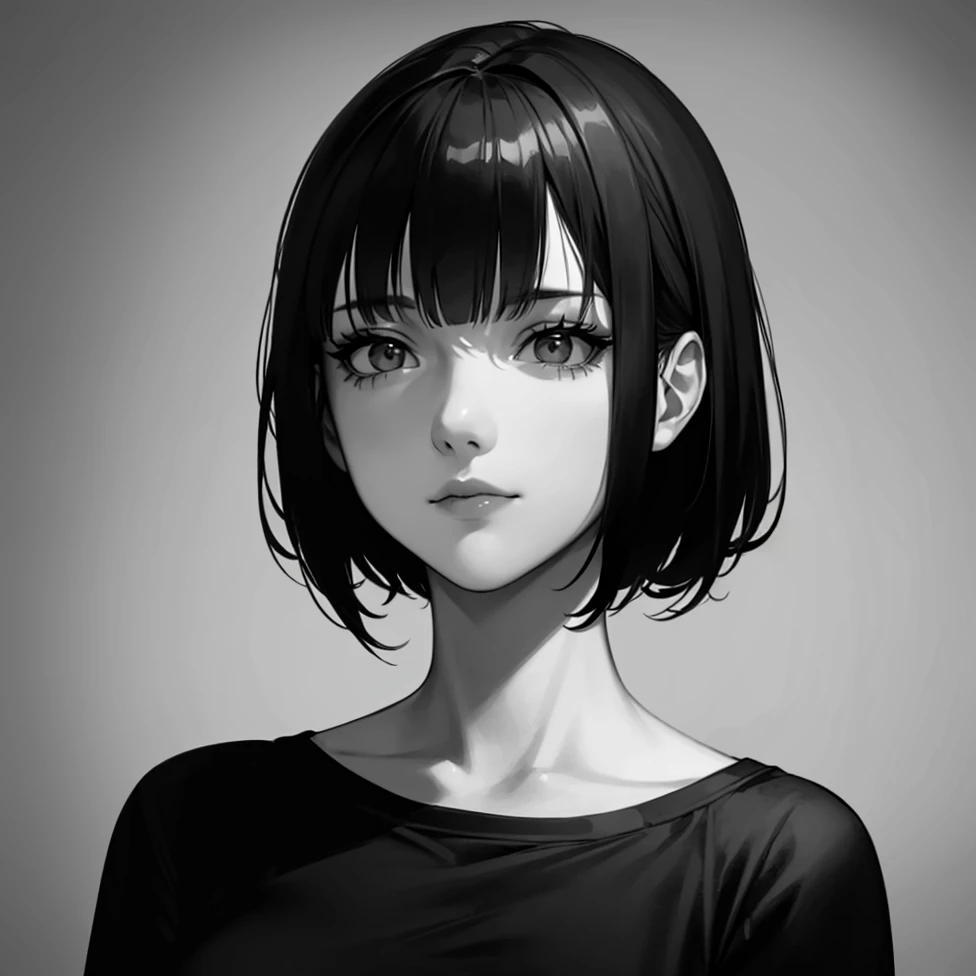 1girl, solo, sharp eyes, monochrome, greyscale, short black hair, portrait, T-shirt, closed mouth, looking at viewer, sketch, graphite \(medium\), detailed lips, hatching \(texture\), without makeup, bangs, upper body, (best illustration), (best quality), (very detailed), (masterpiece),