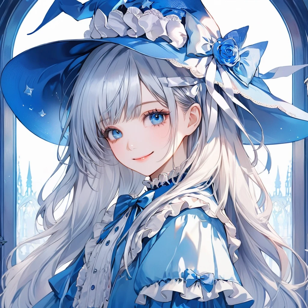 (pastel color theme art),(top-quality),(masterpiece),(1 girl),(solo),Delicately drawn face,girl with a pretty face,beautiful detailed blue eyes,beautiful detailed blue witch hat with white ribbon ornament,beautiful detailed blue lolita witch fashions with ruffles,((white and blue costume)),(Beautiful silky white hair:1.3),pale skin,a beautiful artistic illustration,blue theme,beautiful smile,frontal face,cowboy shot,flat color,soft gradient,standing in front of pastel blue stained glass wall