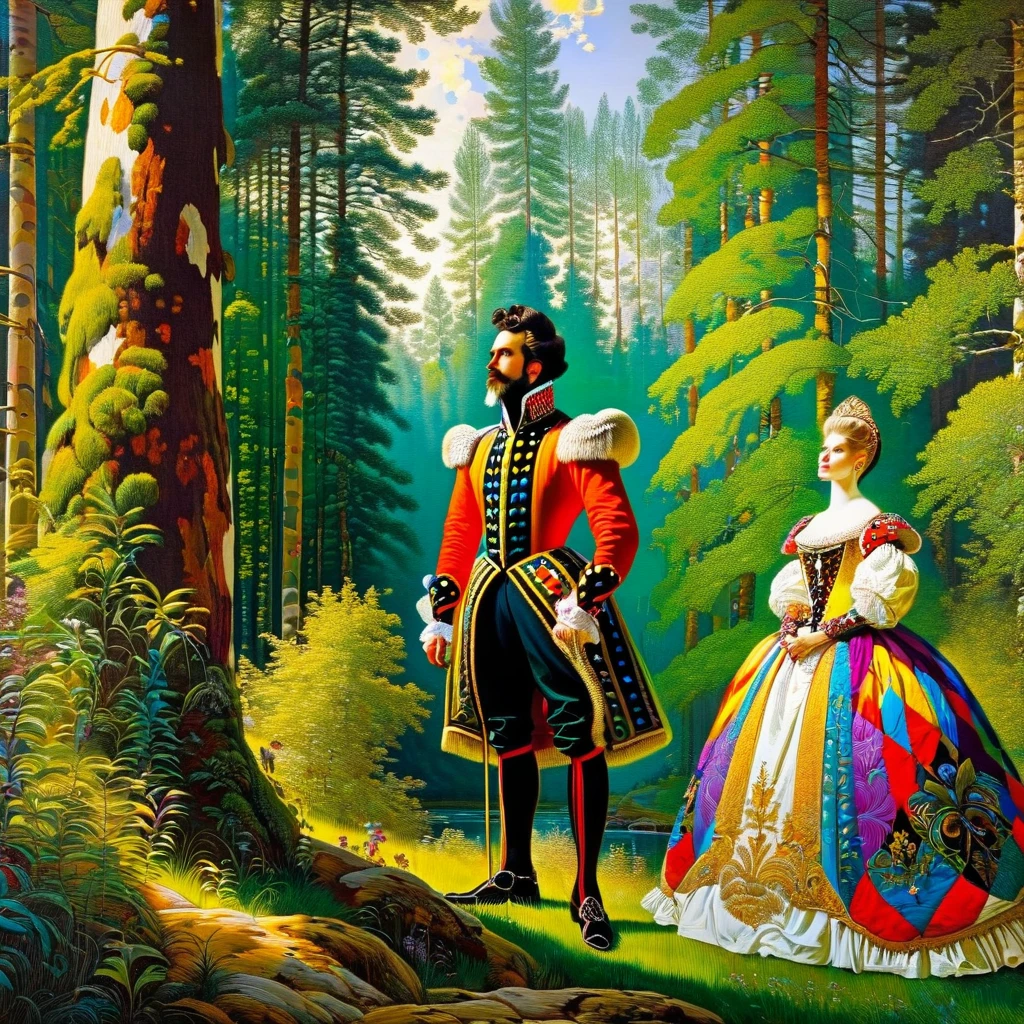 A painting depicting a summer forest with a woman in a bright Harlequin costume standing in the background!!!!!!! A prince in a black doublet embroidered with gold patterns is standing next to her!!!!inspired by Karl Bryullov, Viktor Vasnetsov, high detail, front light, bright colors, modern European ink painting, high quality, high detail, masterpiece,