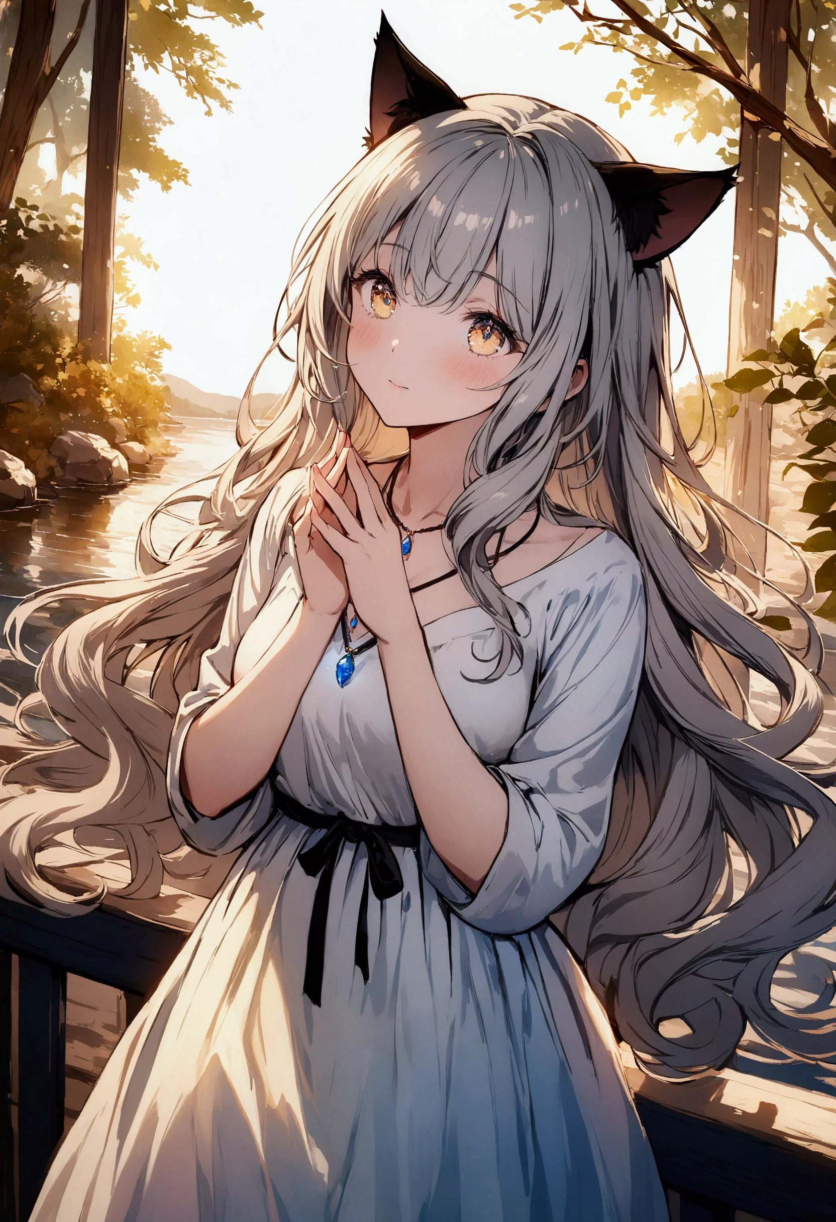 woman, Calm expression, Captivating eyes, Wavy long hair, Grey Hair, Black cat ears, Kemomimi, loose fitting dress, Calm posture, Touching your ears with your hands, Porcelain-like skin, A faint blush, Crystal Pendant BREAK Golden Hour, (Rim Light):1.2, Warm tones, Solar flare, Soft Shadows, Vibrant colors, Painterly effect, Very detailed, Official Art, 8k wallpaper
, Lakeside, (Anatomically Modified)