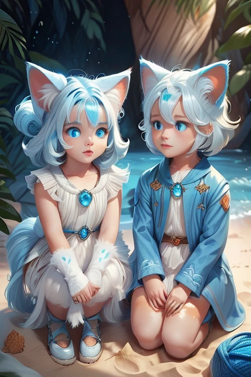 Girls and boys playing on the beach with their pets, Children have white hair, and blue eyes. The girls have reddish hair, bright silver eyes,Pets are Cats with orange and white fur 