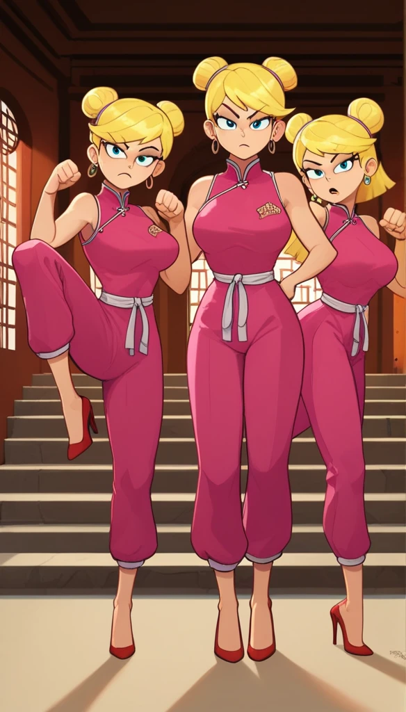 lola loud, 3girls, trio, 24yo girl, large breasts, pink cheongsam, inside of a chinese temple, looking at viewer, blonde hair, two hair buns , hands score_9, score_8_up, score_7_up, high heels, teep fighting stance,martial arts, stairs behind her, guarding the stairs, adoor begind the stairs, they wear the same outfit, they are twins