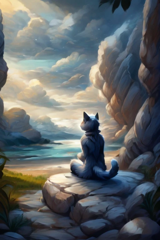 A cat from a fantasy world with navy blue fur, sitting looking at the landscape