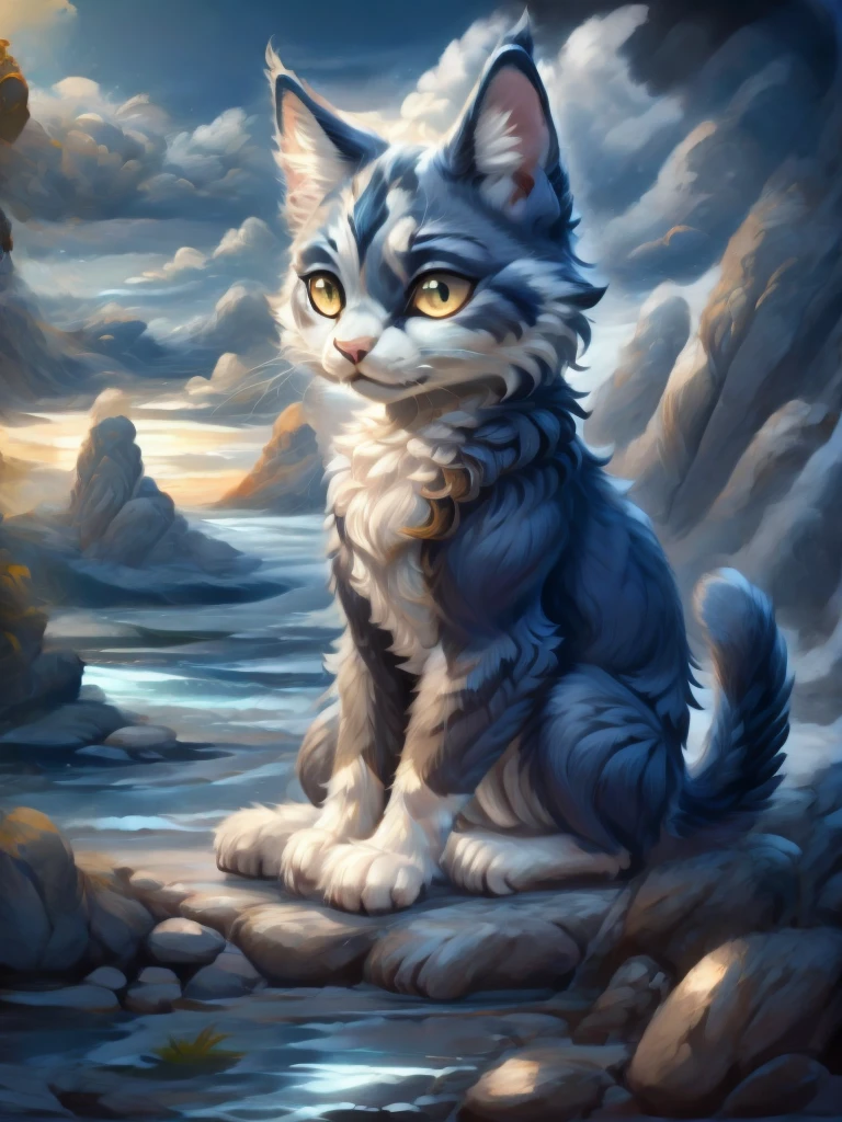 A cat from a fantasy world with navy blue fur, sitting looking at the landscape