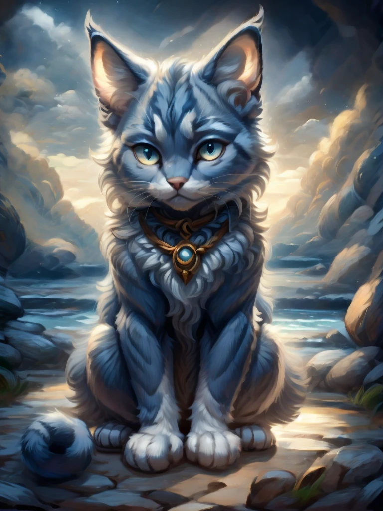 A cat from a fantasy world with navy blue fur, sitting looking at the landscape