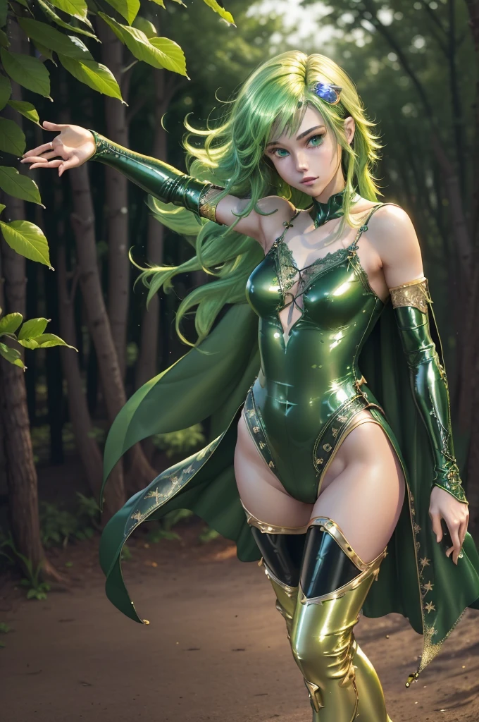 1girl,solo,(cowboy shot:1.2),standard height,standing,(green hair:1.2),long hair, flipped hair,bangs,(hair ornament:1.4),(green eyes:1.2),(beautiful fingers:1.6),(perfect anatomy:1.6),(arms_behind_back:1.6),BREAK,(green leather lace glossy silk lamé leotard:1.4),(latex luster shiny glossy metallic:1.6),(shiny_clothes:1.6),masterpiece,best quality,(Ultra high definition eyes:1.2),8k,(Beautiful detailed eyes:1.2),(Fine and beautiful eyes:1.2),(pretty eyes:1.2),finely detail,extremely CG, absurdres,high resolution,illustration,Detailed and beautiful outlines,finely detail,high resolution,(colorful refraction:1.4,Increase saturation:1.2),beautiful lighting,dynamic lighting,closed room,black background,simple background, smile,looking at viewer,rydia,(green cape:1.2), belt, detached sleeves,(green thigh boots:1.4)