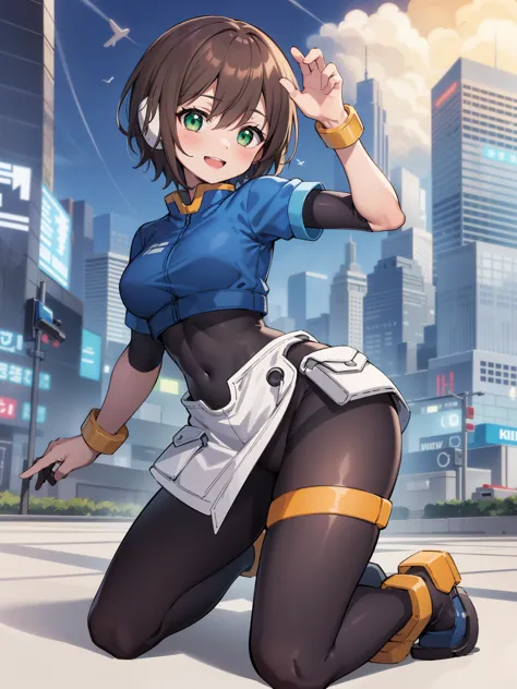 aile_megamanzx, kneeling with one hand on the ground and the other arm raised, 1girl, solo, short hair, brown hair, short sleeve...