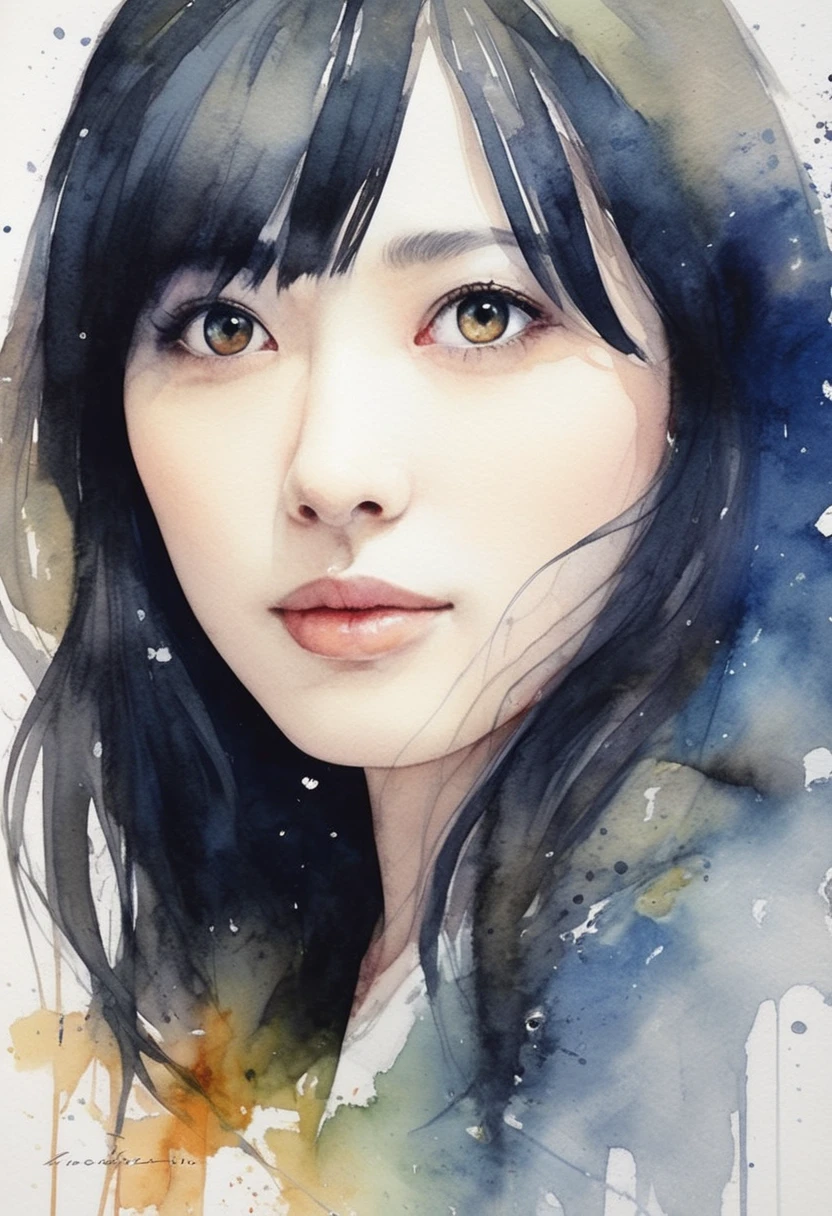 (Upward angle:1.6), beautiful 2woman, romantic movie poster for women, neat woman with long black hair and pop woman with short white hair、masterpiece、Highest quality, Detailed Description、Beautiful Face、Beautiful Eyes, watercolor style, Haruka Fukuhara