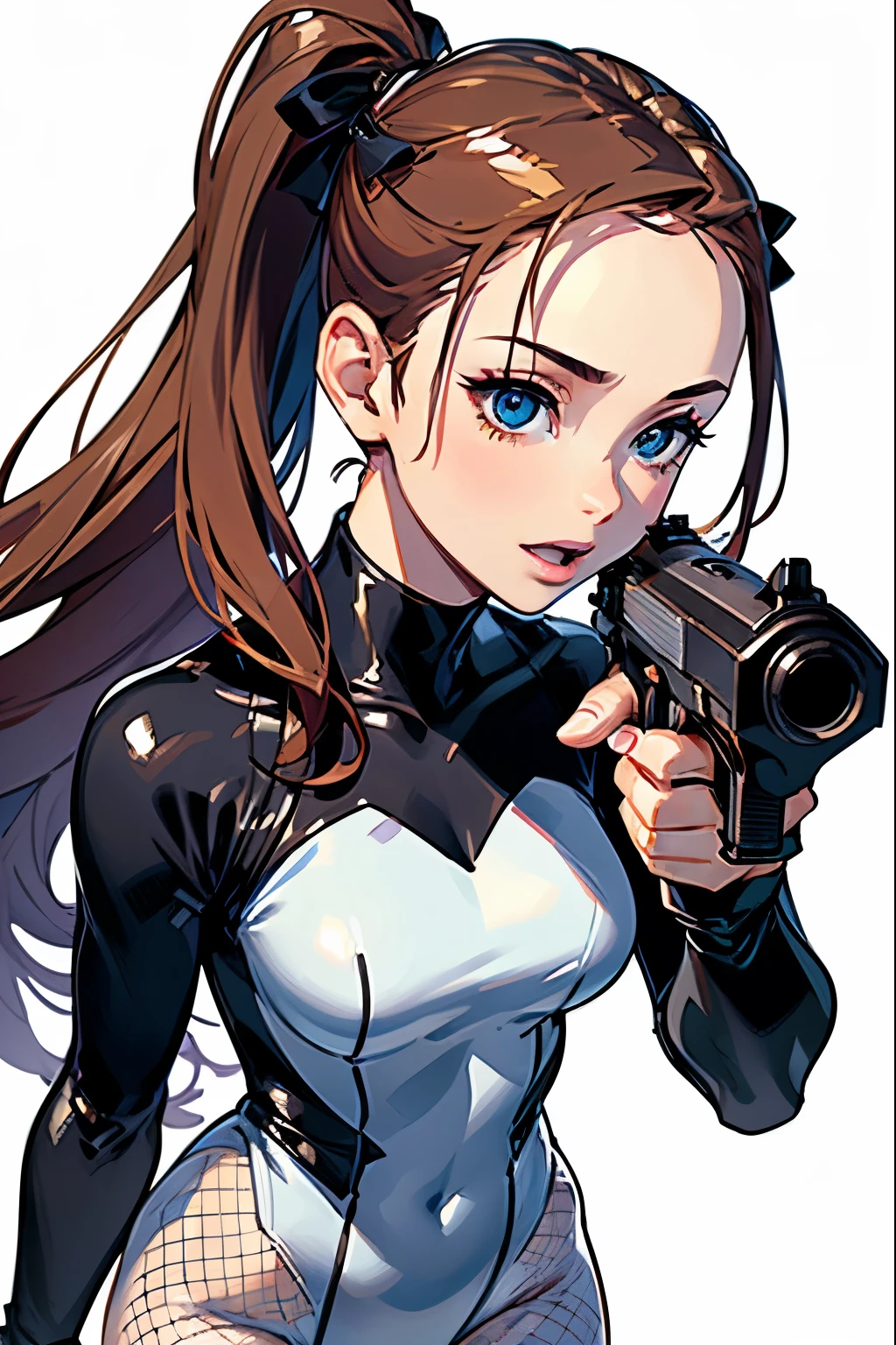 (highest quality:1.2), a 14-years-old girl is aiming and firing a big gun, in sci-fi style, side view, a photorealistic cute gymnast, beautiful face, European face like a doll, heavily make-up face, pale face, open mouth with brutal smile, cool eyes with heavy dark eyshadow, dark blue lip with cruel smile, sadistic face, long black hair to shoulder, upper body portrait above the knees, wearing long sleeve latex white bodysuits,tight-fitting and extra shiny white leotard, wearing white fishnet pantyhose.