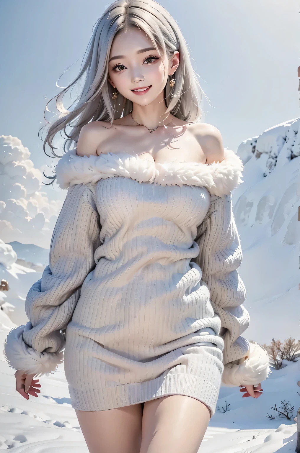 masterpiece、Highest quality、1girl, honeystyle, winter, Gray Hair, cute, smile, Medium chest, off shoulder knit sweater, Fur coat、Narrow waist、Thin legs, it&#39;s snowing, in the forest
