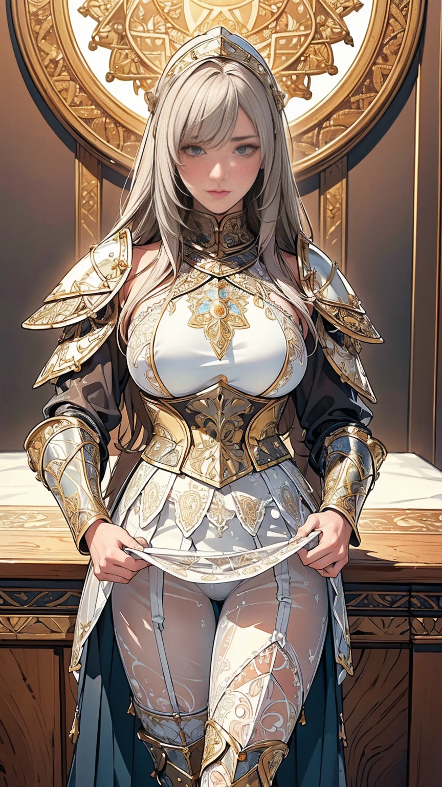 Highest quality}, {Very beautiful}, {Very detailedな}, {The beSt An illustration}, masterpiece,(((Skirt Lift:1.5))),((Showing off see-through micro pants:1.4)),garter belt:1.5,((Holy Knight)), Smooth breastplate, ((White Armor:1.5))、((((Extremely detailed and intricately decorated armor:1.35)))),Red Cowboy Shot,smooth udder、big 、(Golden Ratio,Tabletop, Highest quality, Highest quality, Official Art, beautifully、beautiful:1.2), Very detailed, colorful,Best details,An illustration, Great scene, (Adult,19 years old,One person&#39;S, One personで, Final Fantasy 12,Asheria:1.5, Asheria:1.5, Asheria:1.5, Curly Hair:1.5, Long Hair,Brown Hair:1.2,Asheria CoStume:1.5, Asheria CoStume:1.5, mini skirt,Knee socks, Thighs Thighs Thighs Thighs, gem, Blue Belt,Belt number 1),Course of action, A look of contempt ,Whole body 1.5, Squat, Spread your legs,,Squatting, Spread your legs, tight,no tightS,