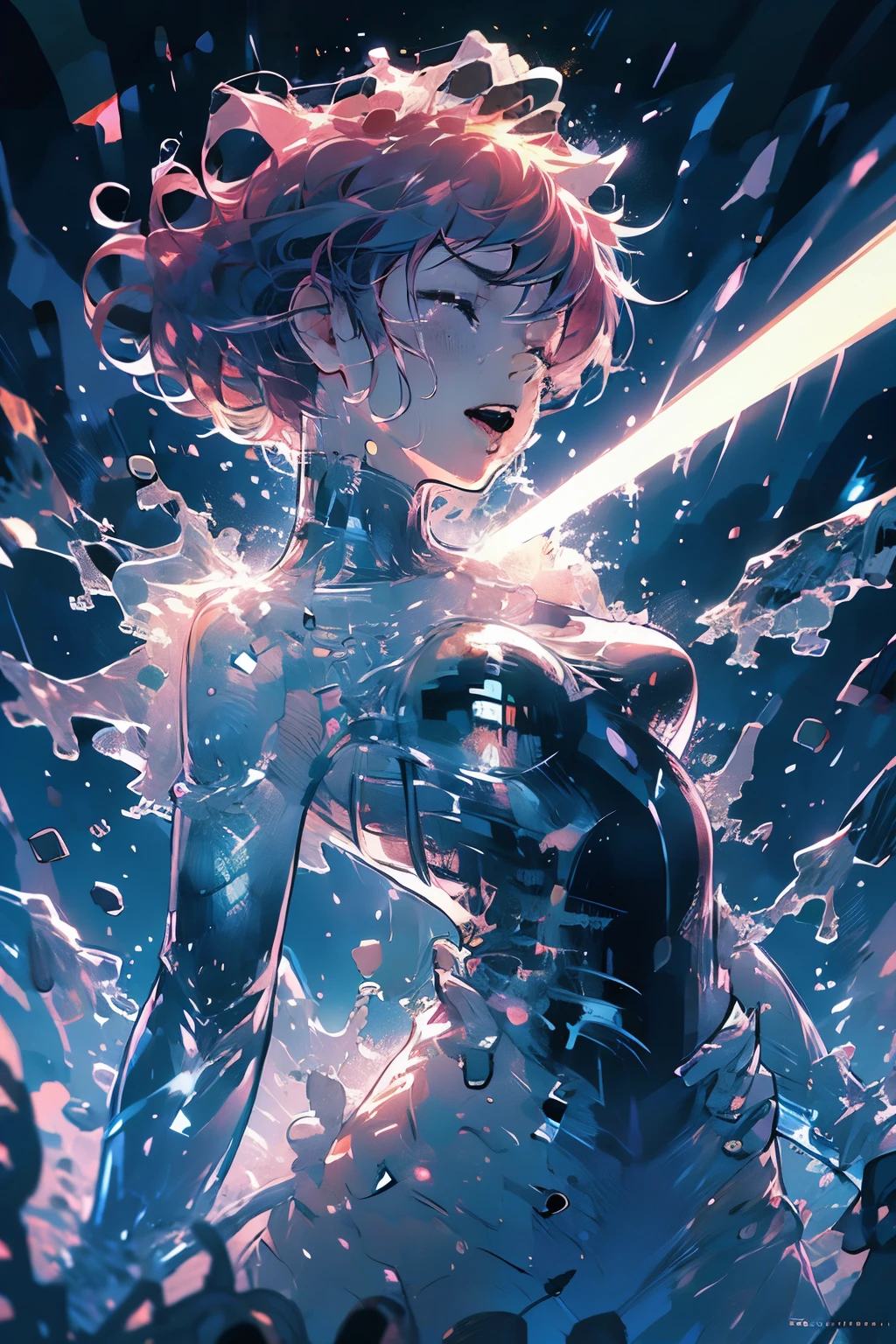 (highest quality:1.2), a 20-years-old girl is kneeling, hit by cold beam, damaged, Blush with embarrassment,side view,  a photorealistic cute girl, beautiful face with fighting spirits, European face, noble face,  closed eyes, chilling lip,open mouth to cry, suffering face, Short-cut pink hair, upper body portrait above the knees, wearing long sleeve  leotard,tight-fitting and extra shiny black leotard, wearing fishnet bodysuits, wearing red belt