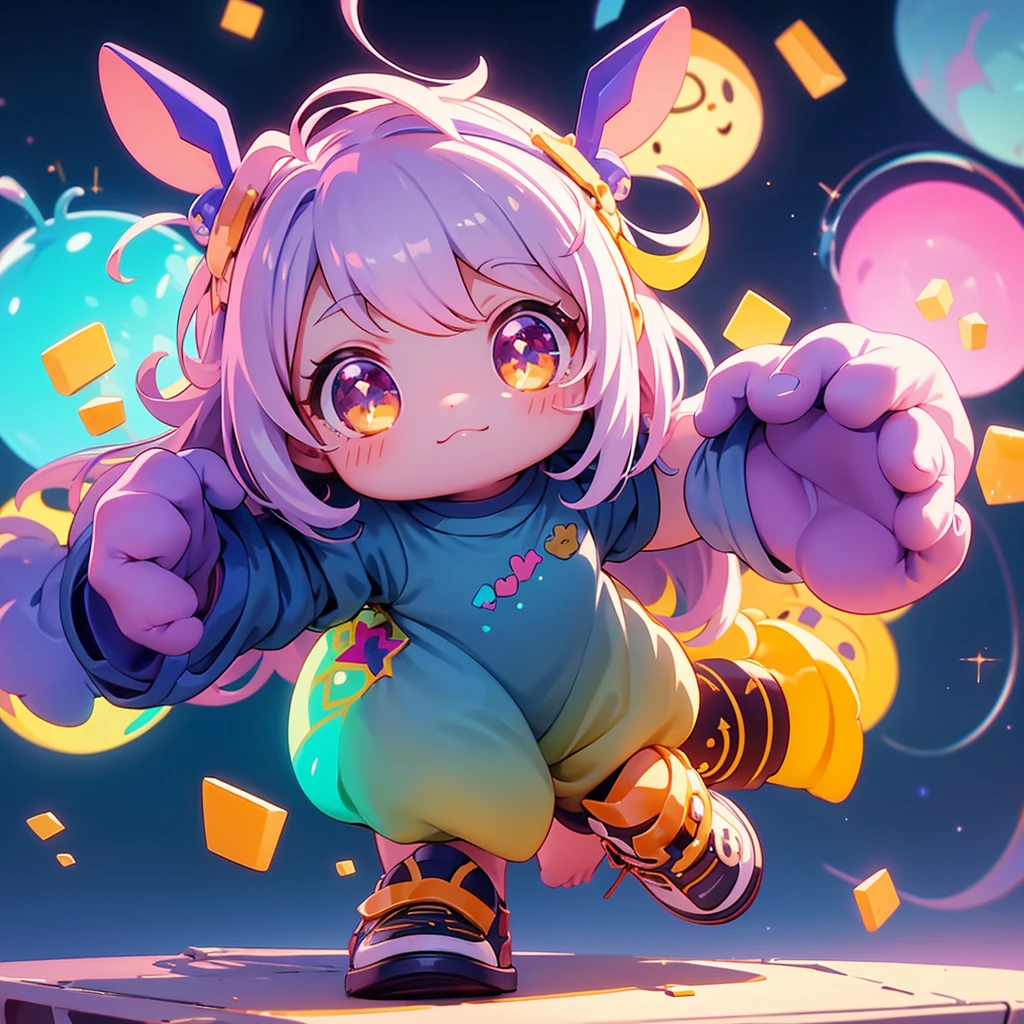 best quality, incredibly absurdres, extremely detailed, 2.5D, delicate and dynamic, chibi, cute girl, wearing baggy clothes, sparkly and vivid color effects, background another dimension,アニメスタイル、