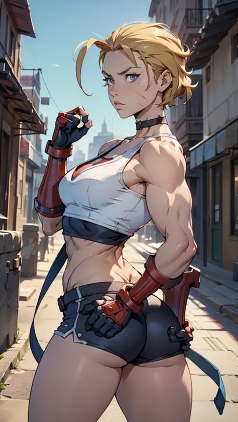 cammy sf6, choker, 1 girl, standing alone, looking ahead at viewer, blue colored eyes, scar on the face, red gloves, scar on che...