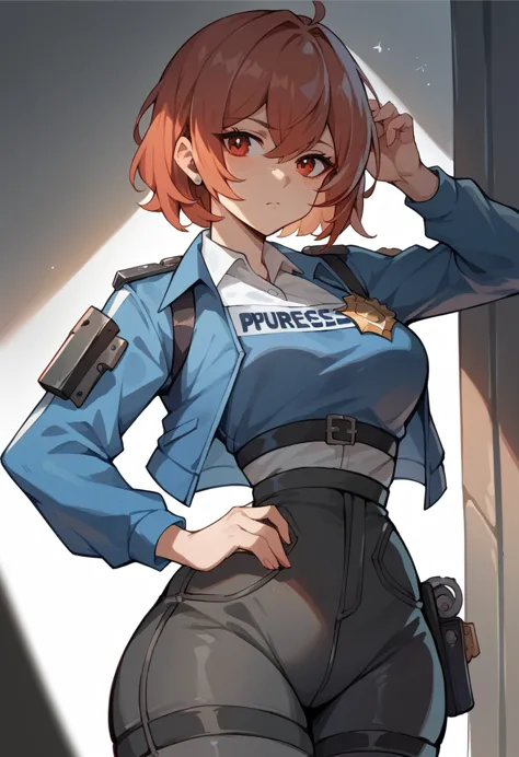 zhu yuan, wide hips, medium boobs, thigt high waist pants, blue crop jacket, white shirt, police vest, standing