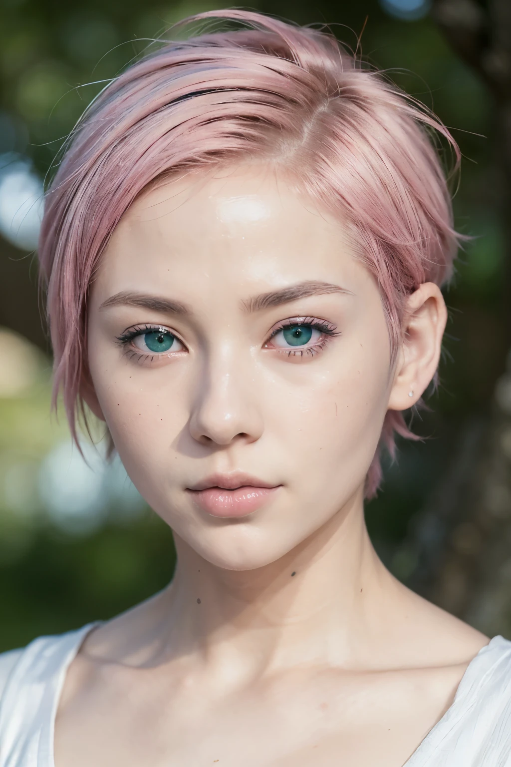 ((ultra quality)), ((masterpiece)), Haruno Sakura, Naruto Shippuden, ((pink short hair)), (beautiful cute face), (beautiful female lips), Charming, ((sexy facial expression)), looks at the camera, eyes slightly open, (skin color white), (blue skin), glare on the body, ((detailed beautiful female eyes)), ((green eyes)), (juicy women&#39;s lip liner), (beautiful female hands), ((ideal female figure)), ideal female body, beautiful waist, gorgeous thighs, beautiful small breasts, ((thin and beautiful)), stands temptingly (face close up), (Sakura Haruno&#39;s clothes, black skinny shorts, leggings, Hidden Leaf Village Shinobi Clothes) background: hidden leaf village, Naruto shippuden, ((depth of field)), ((clear high quality image)), (Clear details), ((high detail)), really, professional photo shoot, ((Clear Focus)),  medium breast, show nipples, show vagina, open legs:1.5, wide open legs, squirt pussy.