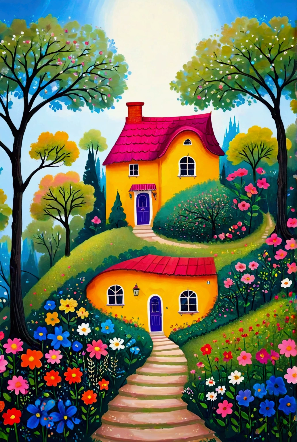 painting of a house in a colorful garden with trees and flowers, full of colour w 1024, whimsical art, flowery cottage, full of colour 8-w 1024, bright and colourful, vibrant painting, jane newland, house in the wood, house on a hill, colorful house, sunlight and whimsical houses, full of colour